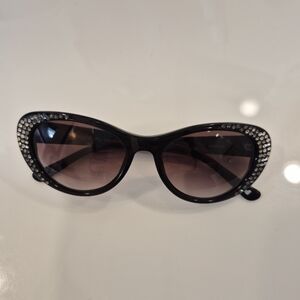 Brighton Handmade Sea Cruise Cat Eye Sunglasses Black Frames Crystals Brown Lens